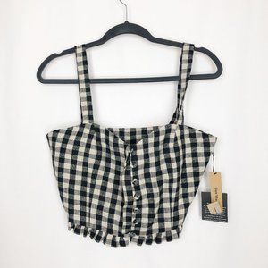 SENXCOVER Womens Check  Gingham Linen Crop Top Buttons New! Size 6